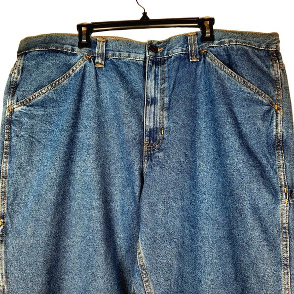 BLUE MOUNTAIN MENS NWT BLUE DENIM UTILITY CARPENTER WORK PANTS 44X30 RELAXED FIT - Picture 2 of 9